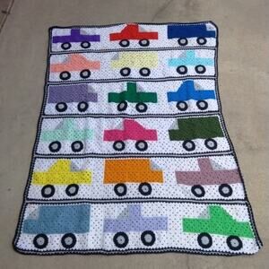 Handmade Crochet Granny Square w/Trucks Throw 62"x 48"